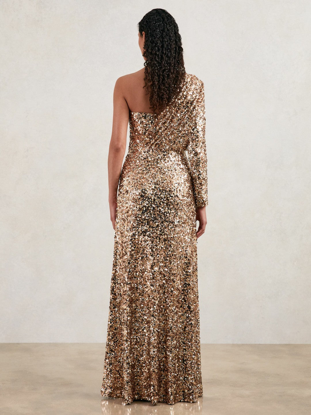Reiss Halston Sequin One Shoulder Maxi Dress in Gold