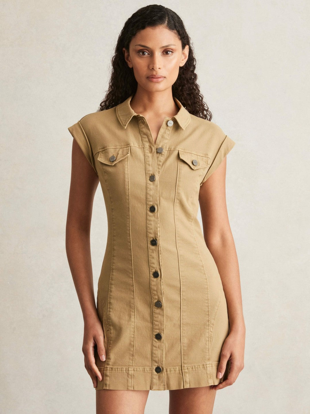 Reiss Paige Fern Beige Denim Button Through Mini Dress in Fern Beige
