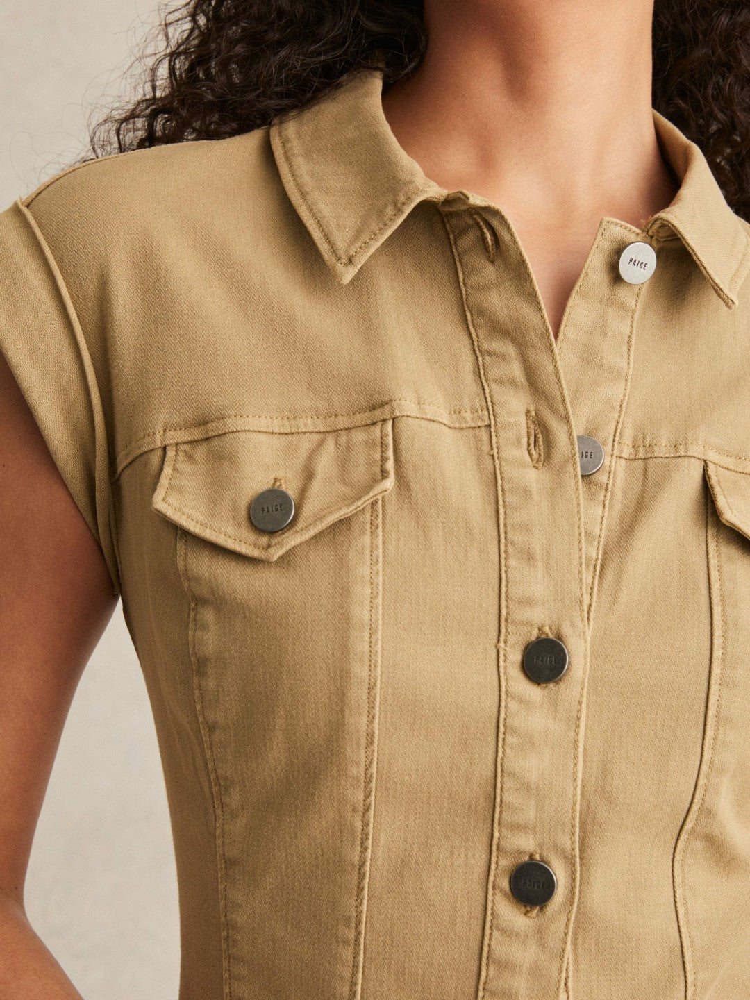 Reiss Paige Fern Beige Denim Button Through Mini Dress in Fern Beige
