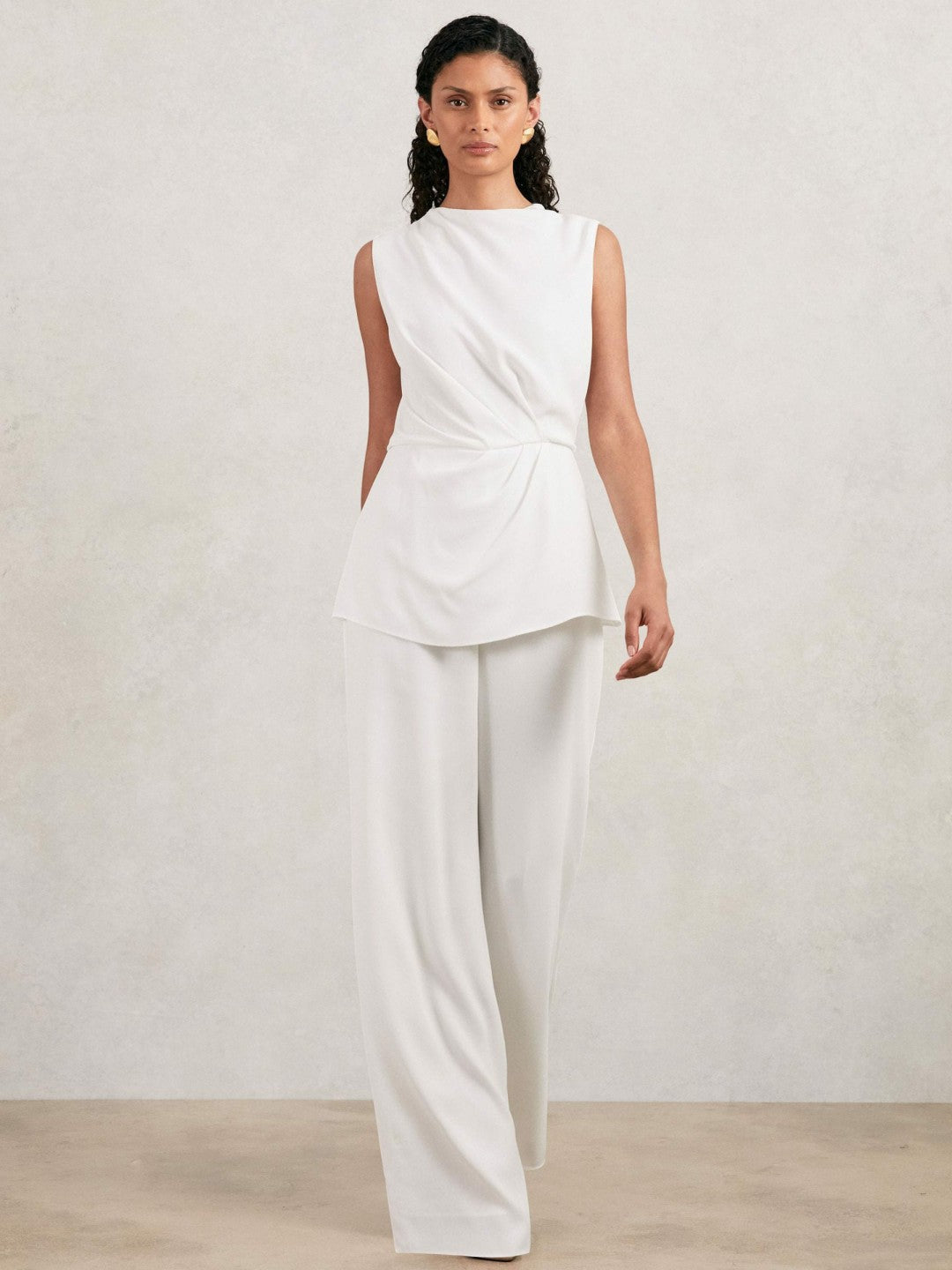 Reiss Halston Crepe Wide Leg Jumpsuit in Ivory