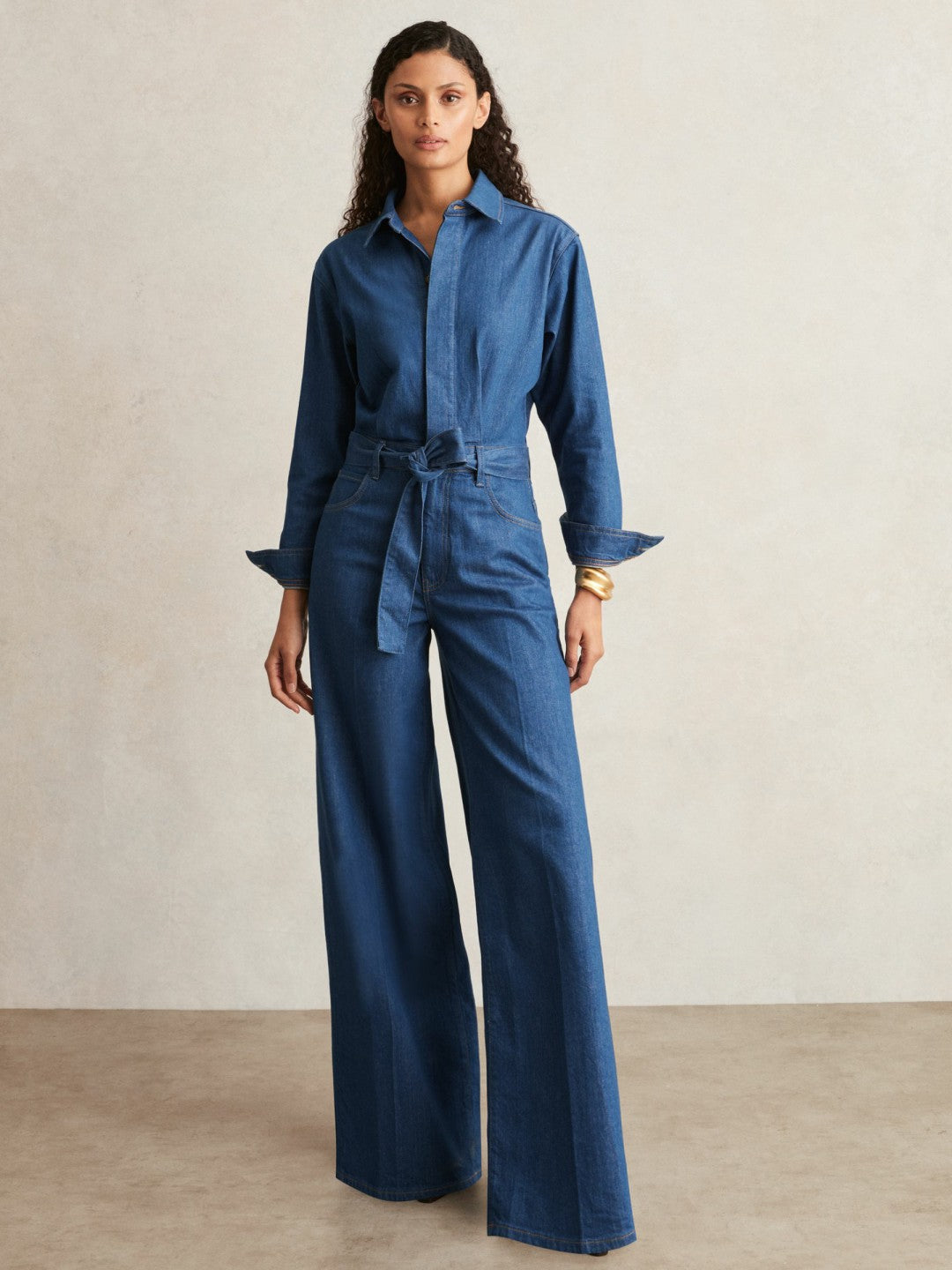 Reiss Paige Maraya Blue Wide Leg Belted Denim Jumpsuit in Maraya Blue