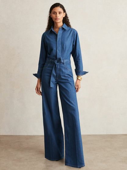 Reiss Paige Maraya Blue Wide Leg Belted Denim Jumpsuit in Maraya Blue