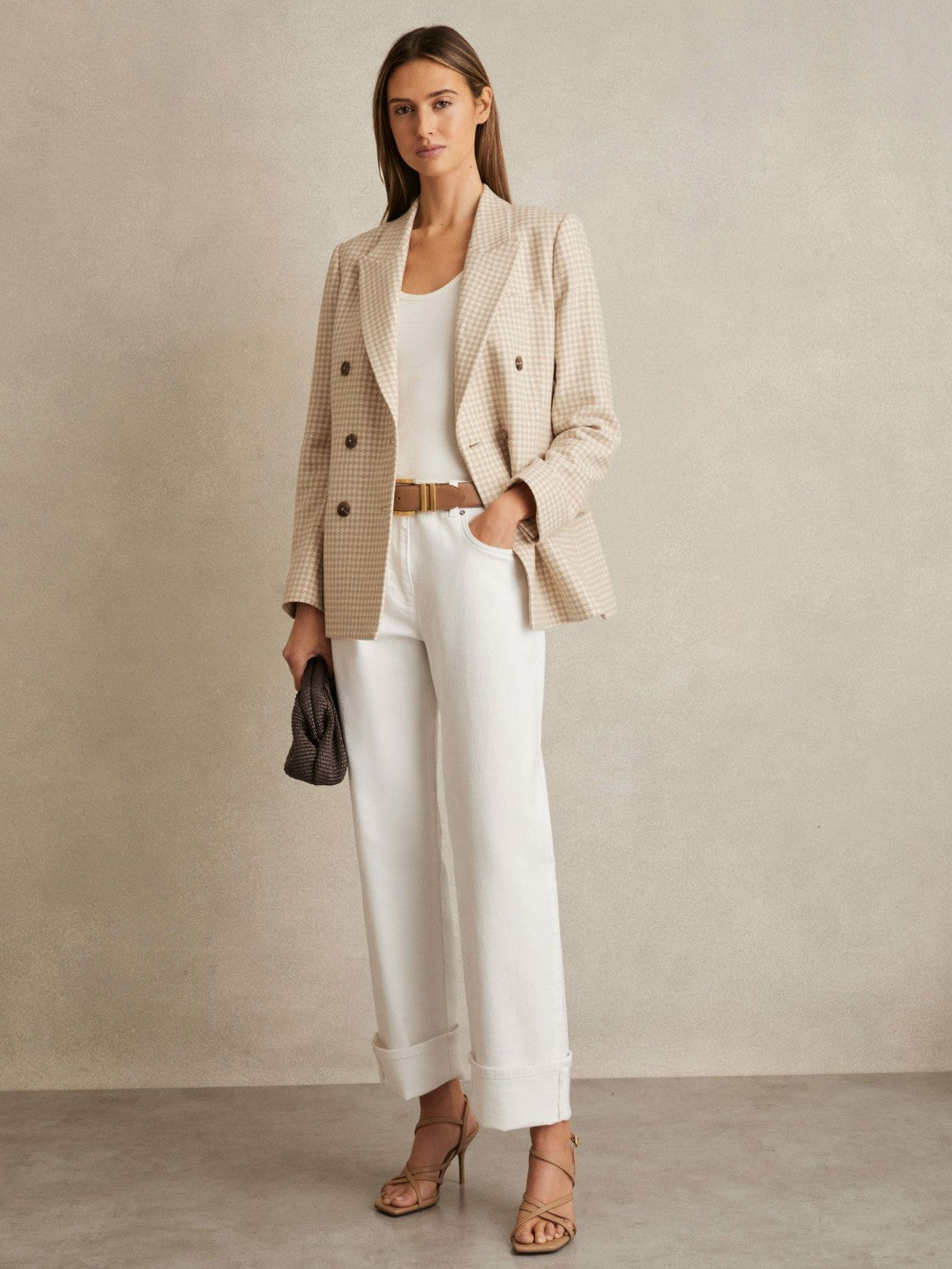Reiss Petite Double Breasted Check Blazer With Wool in Neutral Check