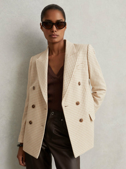 Reiss Double Breasted Check Blazer With Wool in Neutral Check