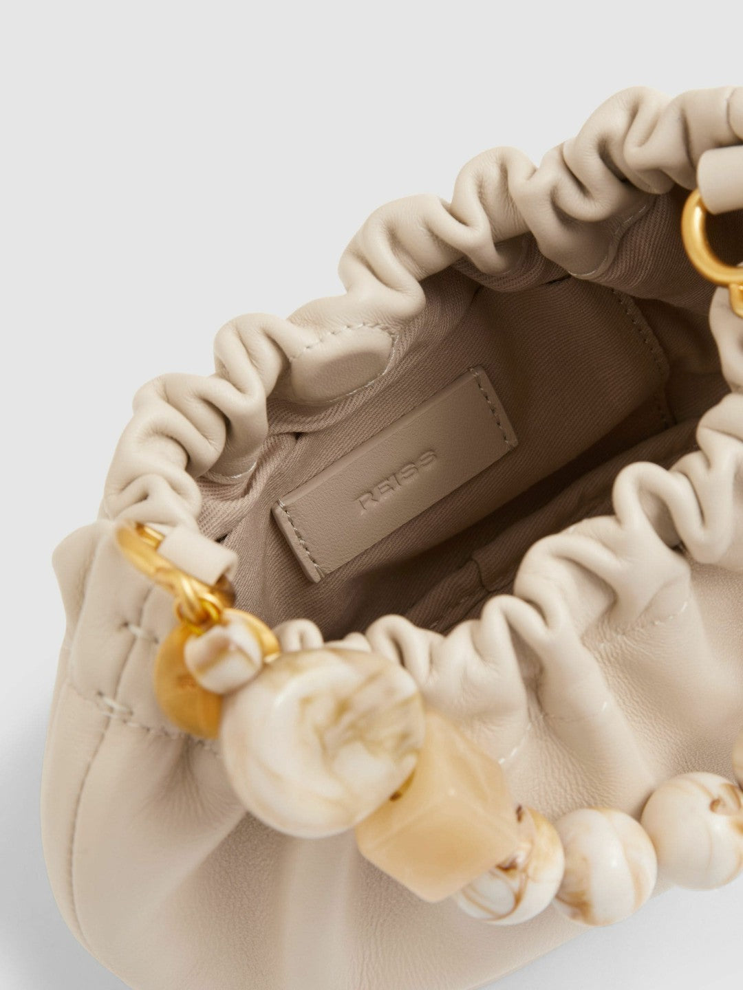 Reiss Leather Bead-Handle Pouch Bag in Off White