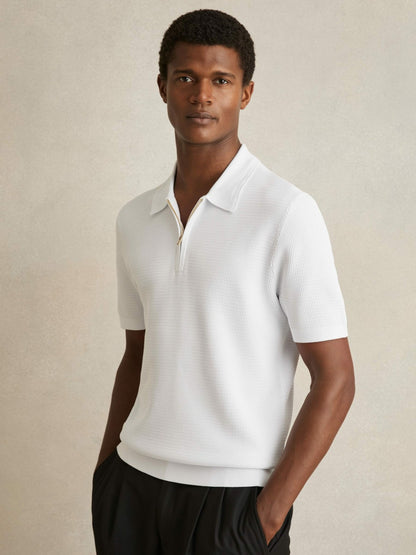 Reiss Textured Half-Zip Polo Shirt in White