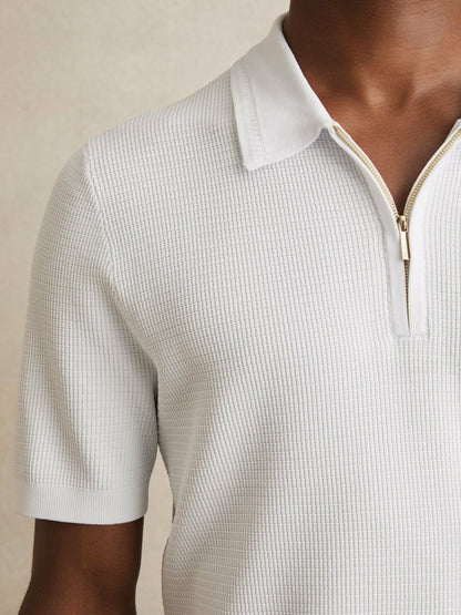 Reiss Textured Half-Zip Polo Shirt in White