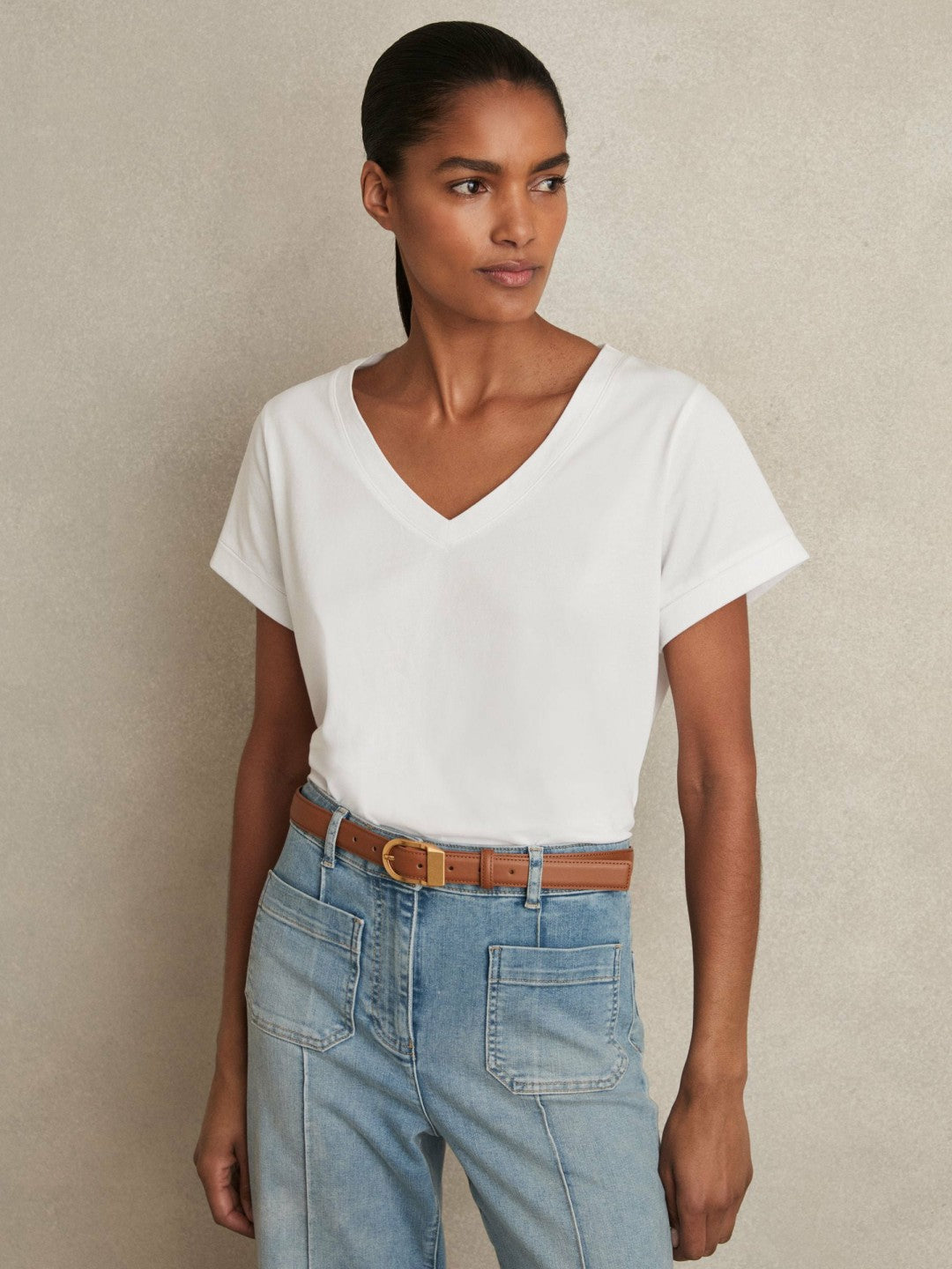 Reiss Brushed-Cotton V-Neck T-Shirt in White
