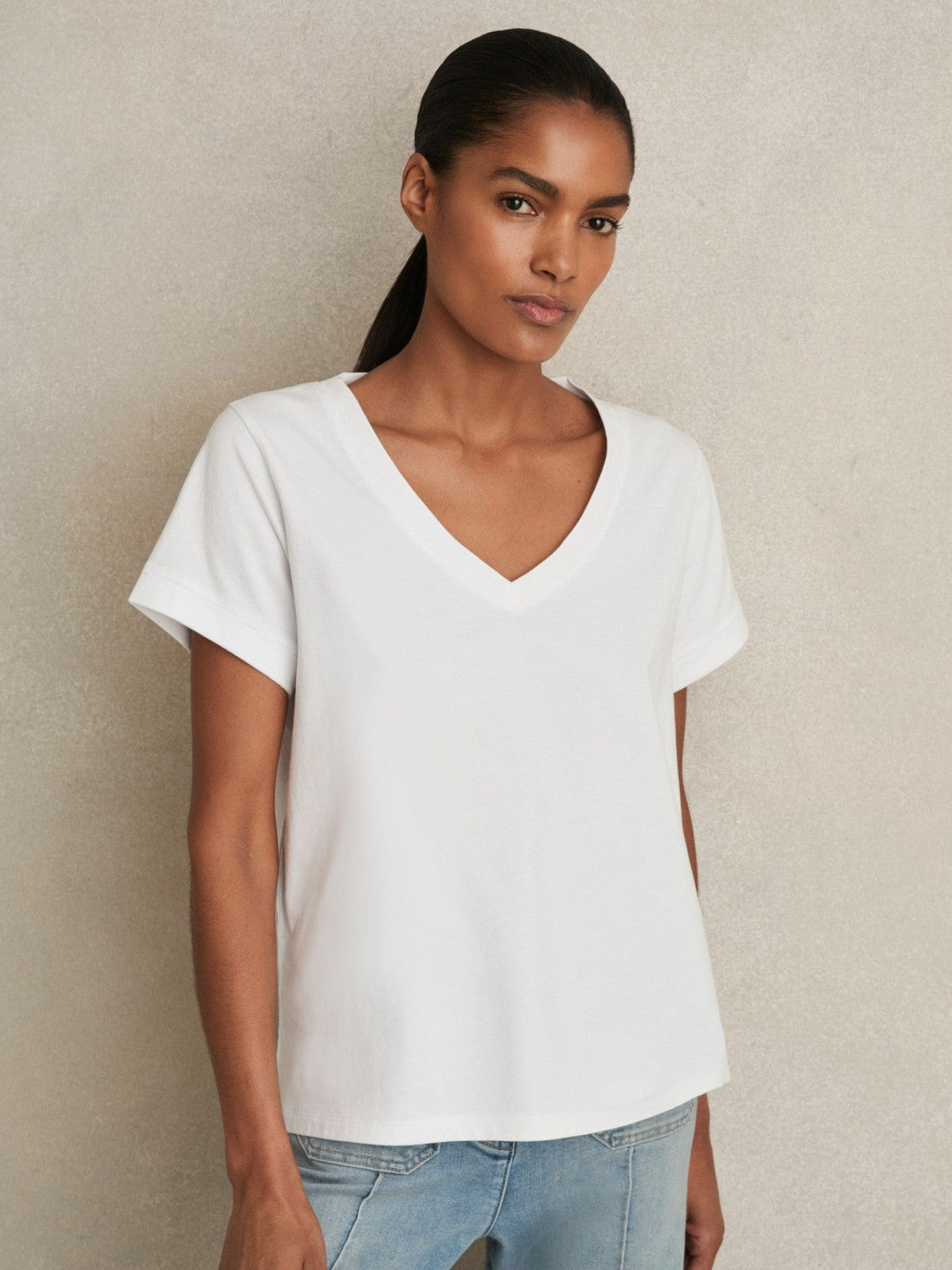 Reiss Brushed-Cotton V-Neck T-Shirt in White