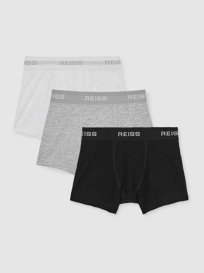 Reiss 9-13 yrs Stretch-Cotton Logo-Waistband Boxer Shorts 3 Pack in White/Grey/Black