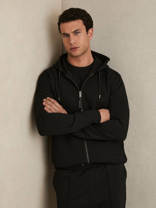 Reiss Interlock Zip-Through Hoodie in Black