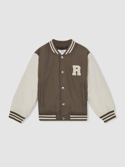 Reiss 13-14 yrs Colour-Block Varsity Bomber Jacket in Mink Brown/Off White