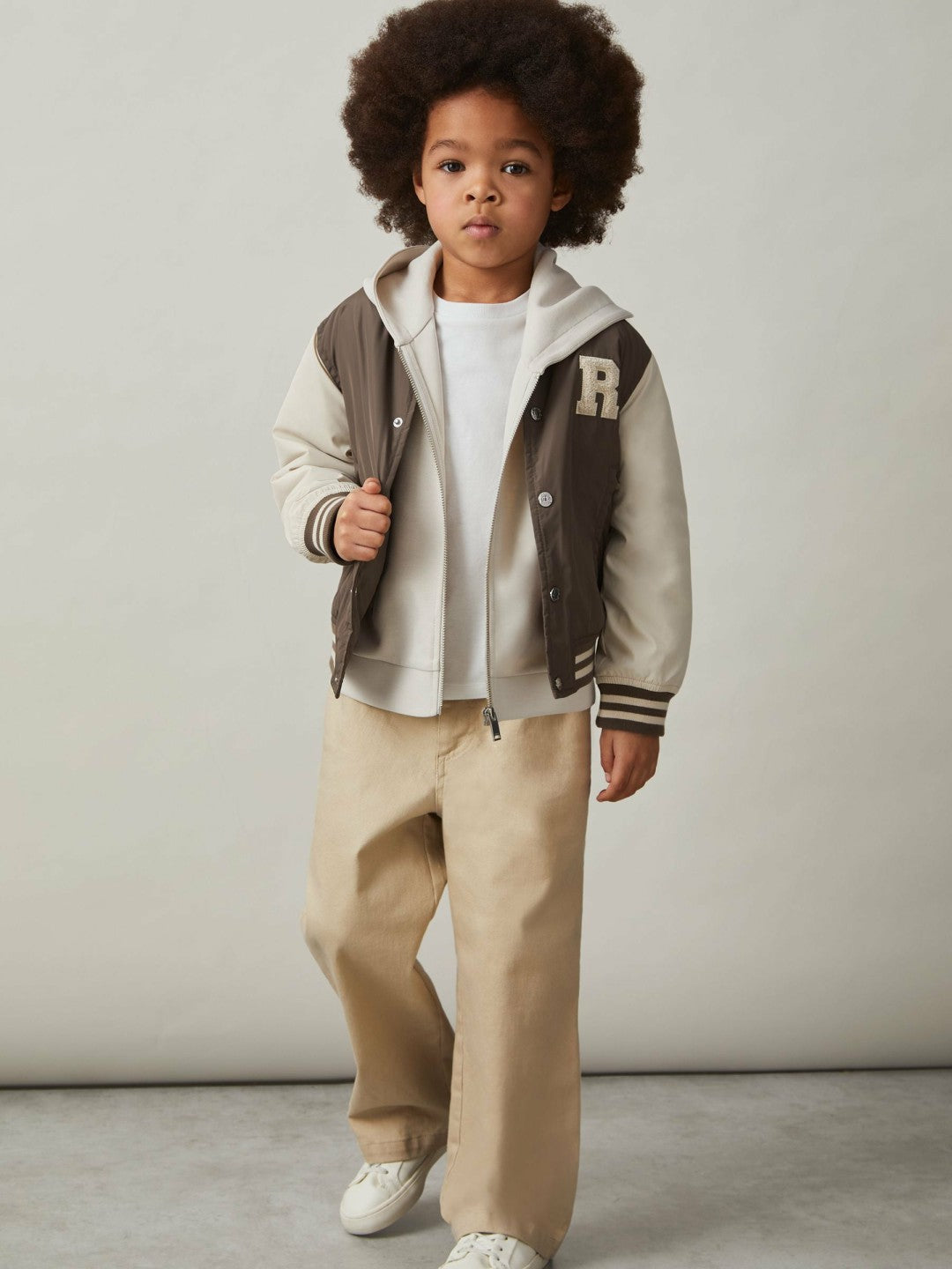 Reiss 13-14 yrs Colour-Block Varsity Bomber Jacket in Mink Brown/Off White