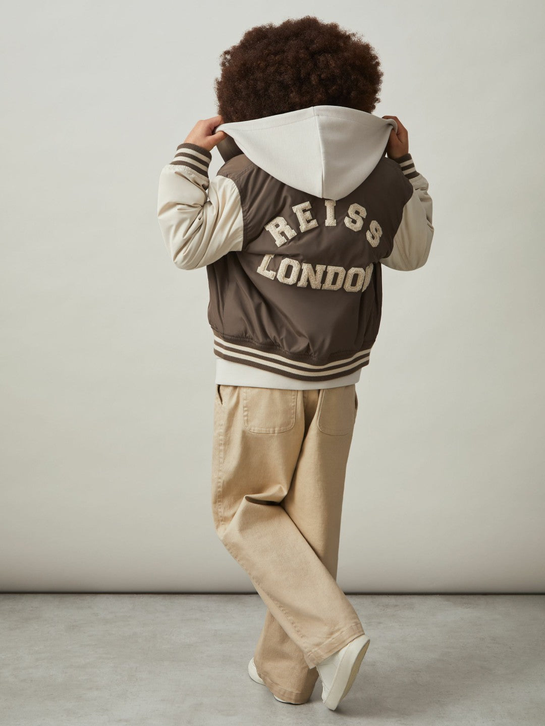 Reiss 13-14 yrs Colour-Block Varsity Bomber Jacket in Mink Brown/Off White