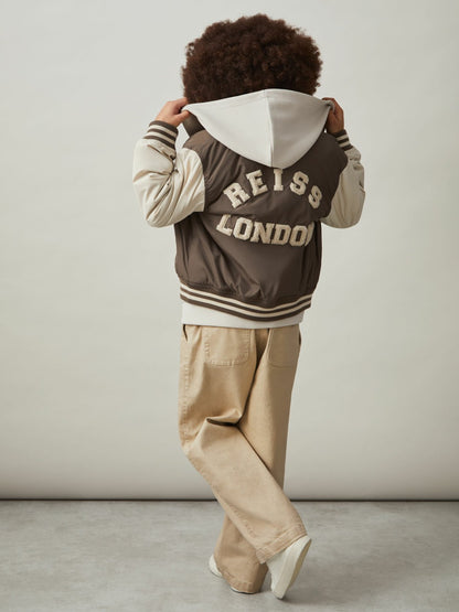 Reiss 13-14 yrs Colour-Block Varsity Bomber Jacket in Mink Brown/Off White