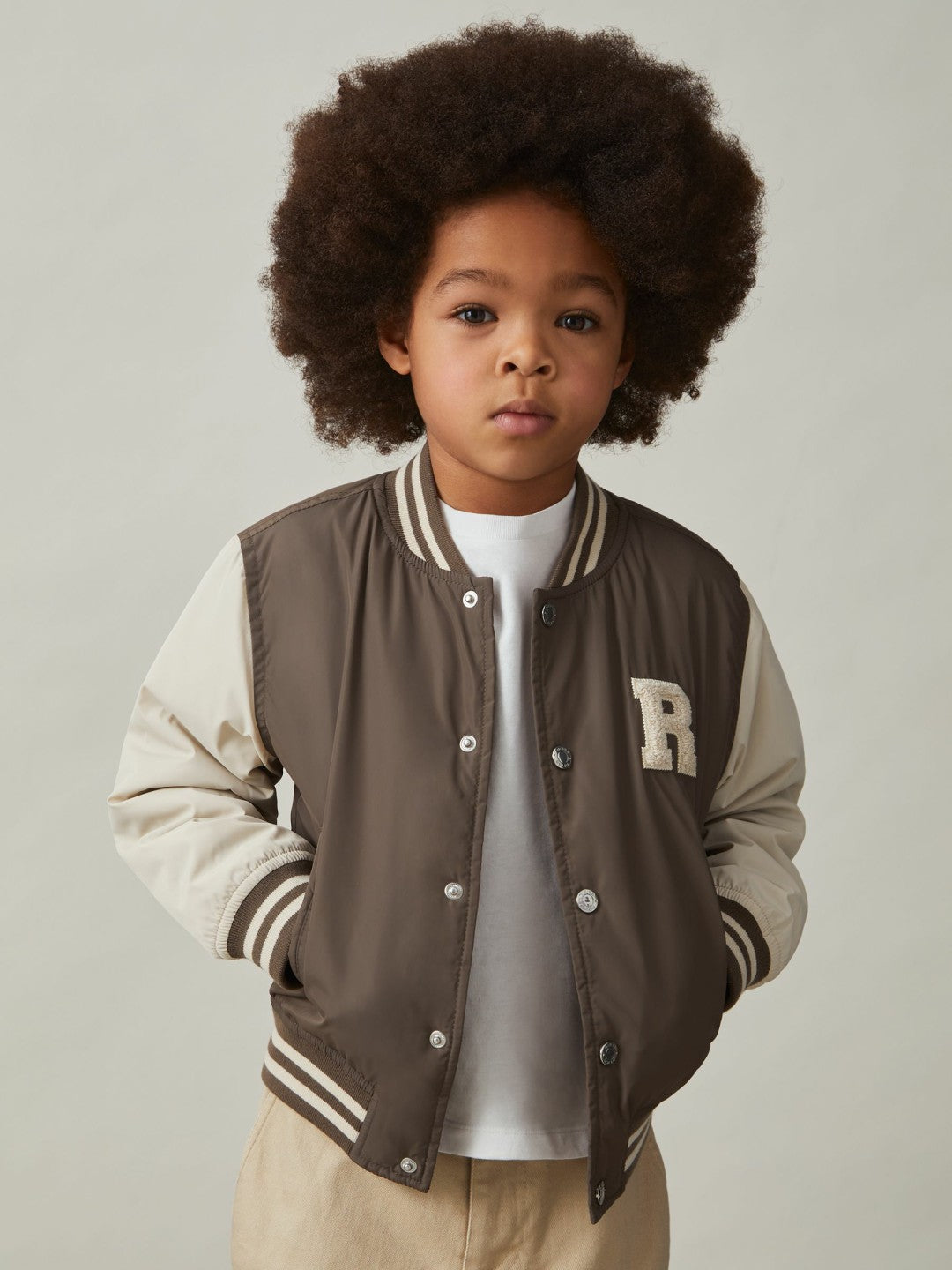 Reiss 13-14 yrs Colour-Block Varsity Bomber Jacket in Mink Brown/Off White