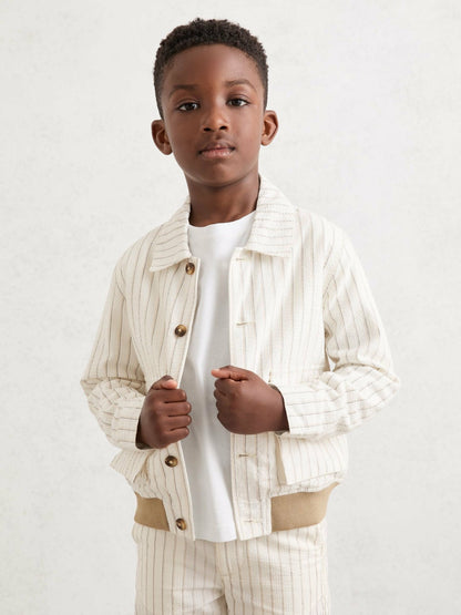 Reiss 3-9 yrs Cotton Pinstripe Harrington Jacket in Off White/Taupe Brown