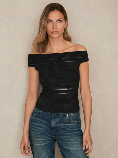 Reiss Bardot Open Knit Top in Black