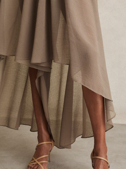 Reiss Sheer-Overlay High-Low Shorts in Mink Neutral