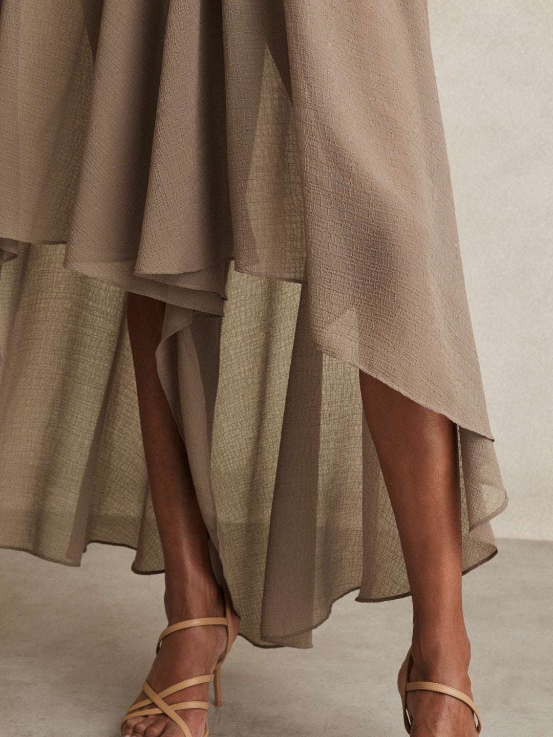 Reiss Petite Sheer-Overlay High-Low Shorts in Mink Neutral