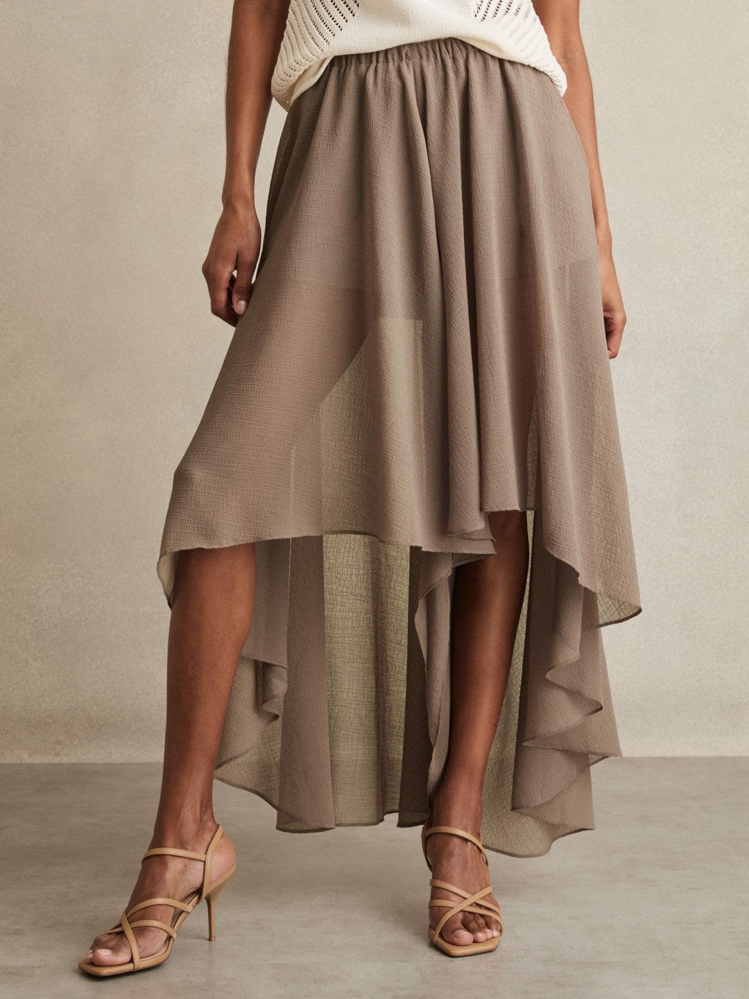 Reiss Petite Sheer-Overlay High-Low Shorts in Mink Neutral
