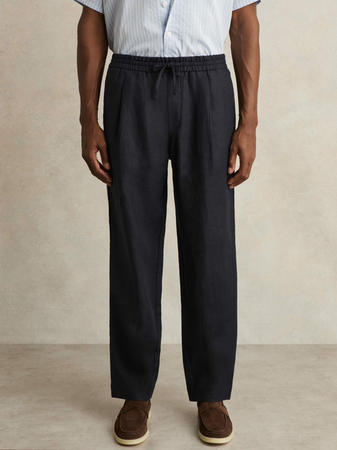 Reiss Linen Drawstring Relaxed-Fit Trousers in Navy