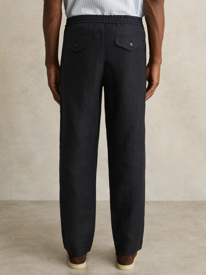 Reiss Linen Drawstring Relaxed-Fit Trousers in Navy