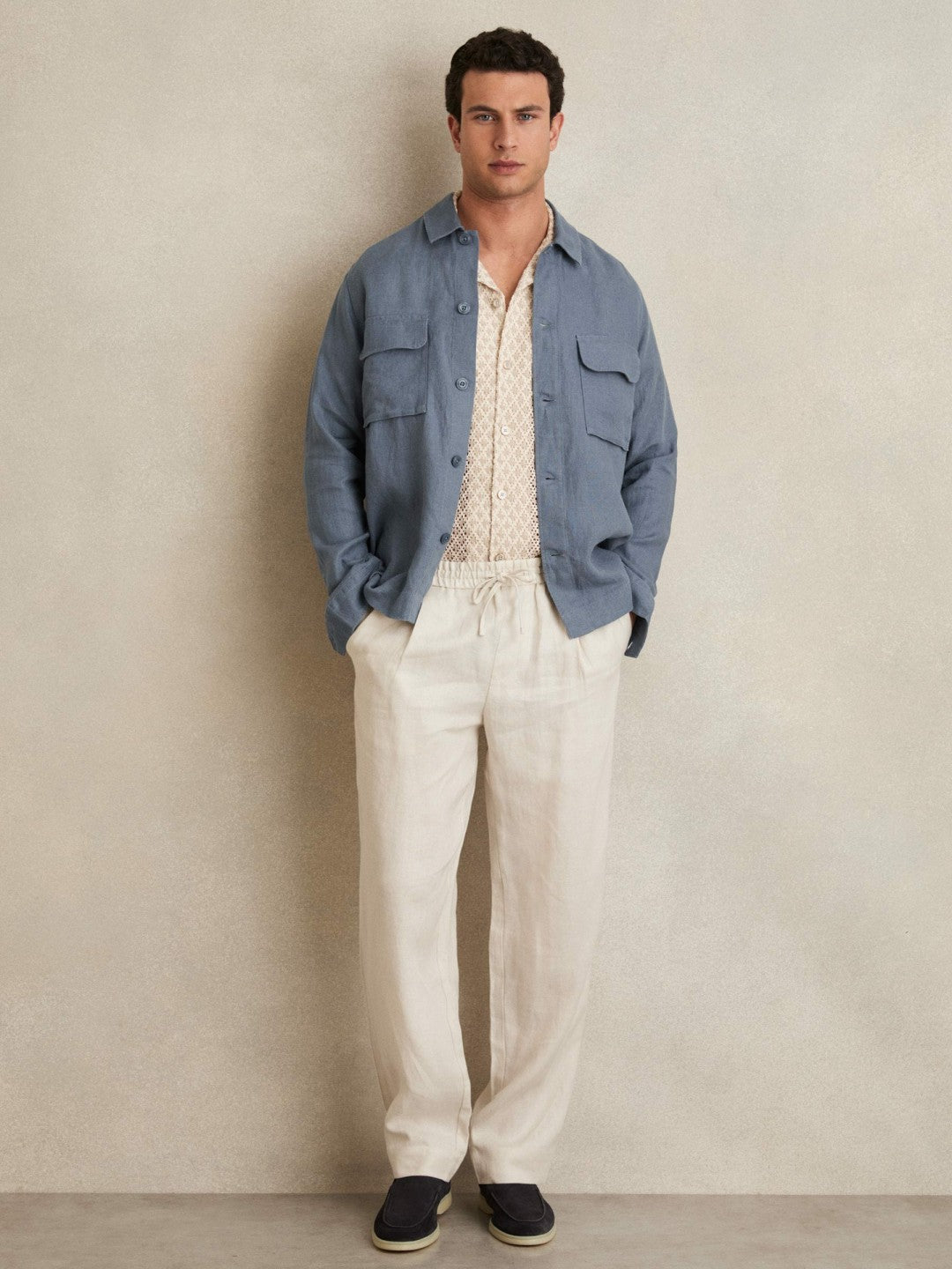 Reiss Linen Twin-Pocket Overshirt in Airforce Blue