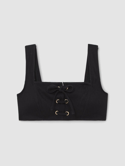 Reiss Ribbed Lace-Up Bikini Top in Black