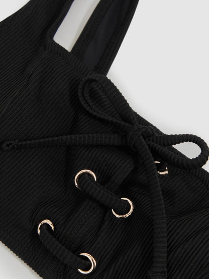 Reiss Ribbed Lace-Up Bikini Top in Black