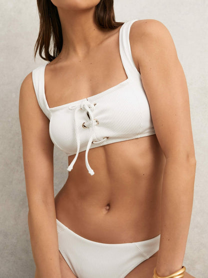Reiss Ribbed Lace-Up Bikini Top in White