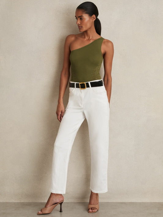 Reiss Lace-Knit Detail One-Shoulder Bodysuit in Green