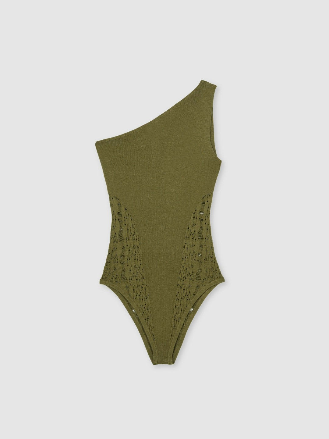 Reiss Lace-Knit Detail One-Shoulder Bodysuit in Green