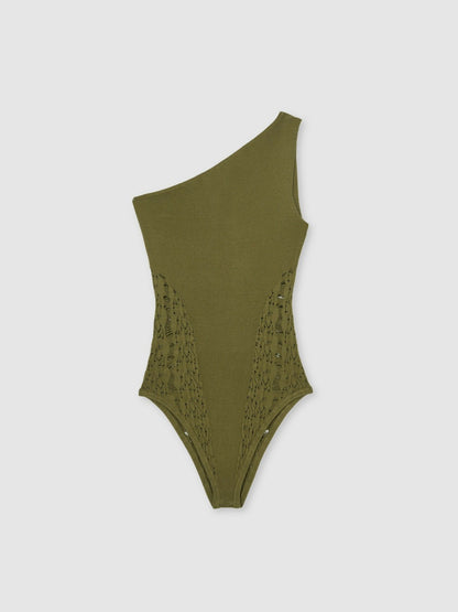 Reiss Lace-Knit Detail One-Shoulder Bodysuit in Green