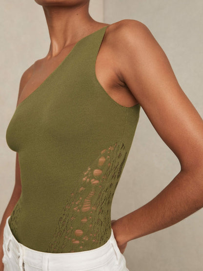 Reiss Lace-Knit Detail One-Shoulder Bodysuit in Green