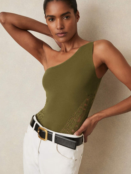 Reiss Lace-Knit Detail One-Shoulder Bodysuit in Green