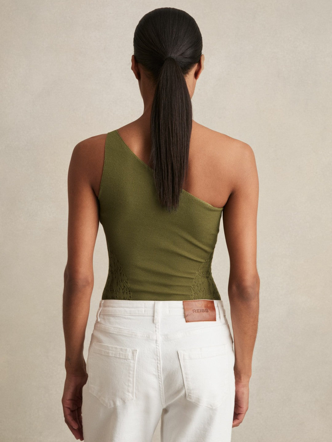 Reiss Lace-Knit Detail One-Shoulder Bodysuit in Green