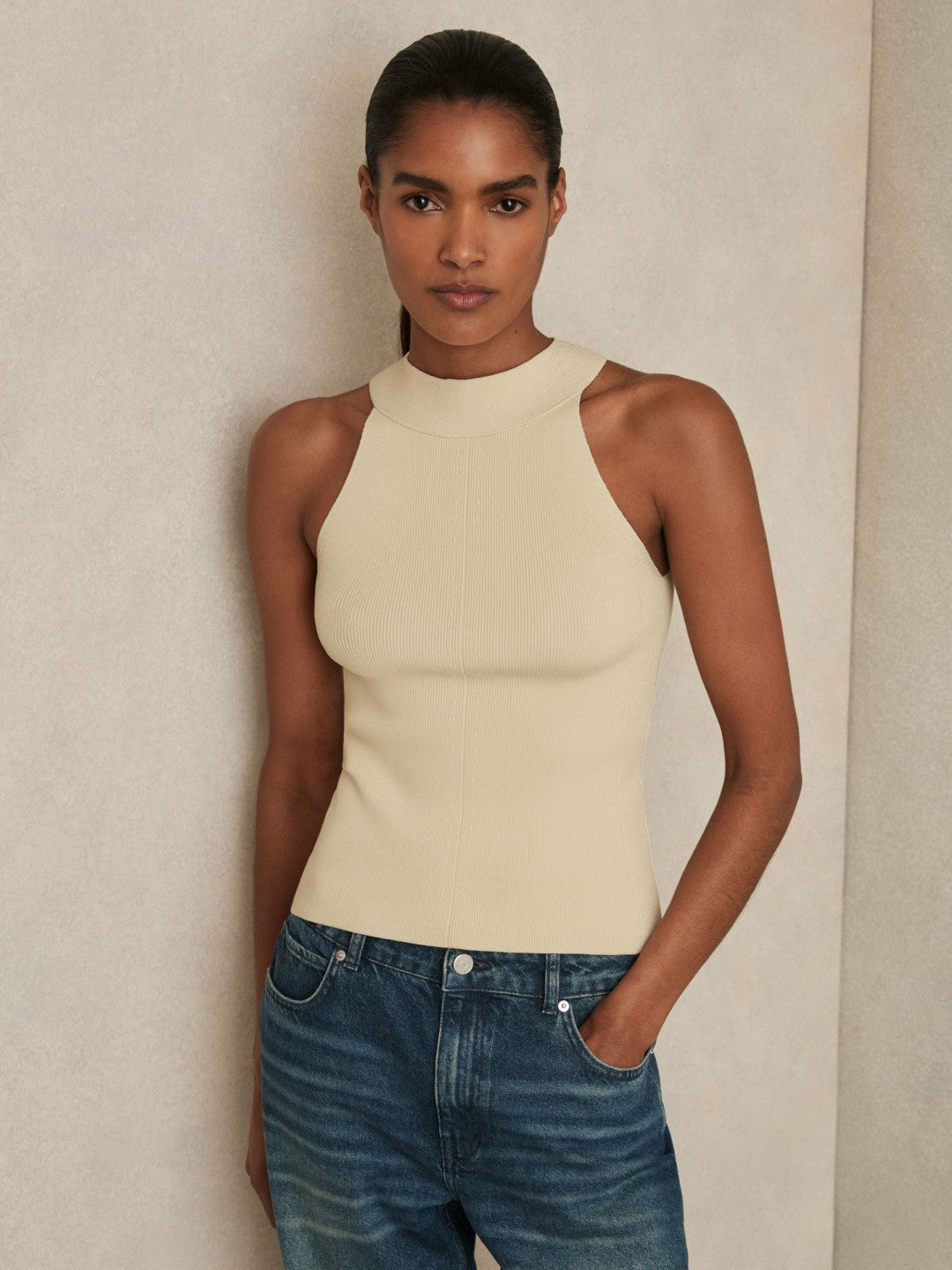 Reiss Rib Knit High Neck Vest in Ivory