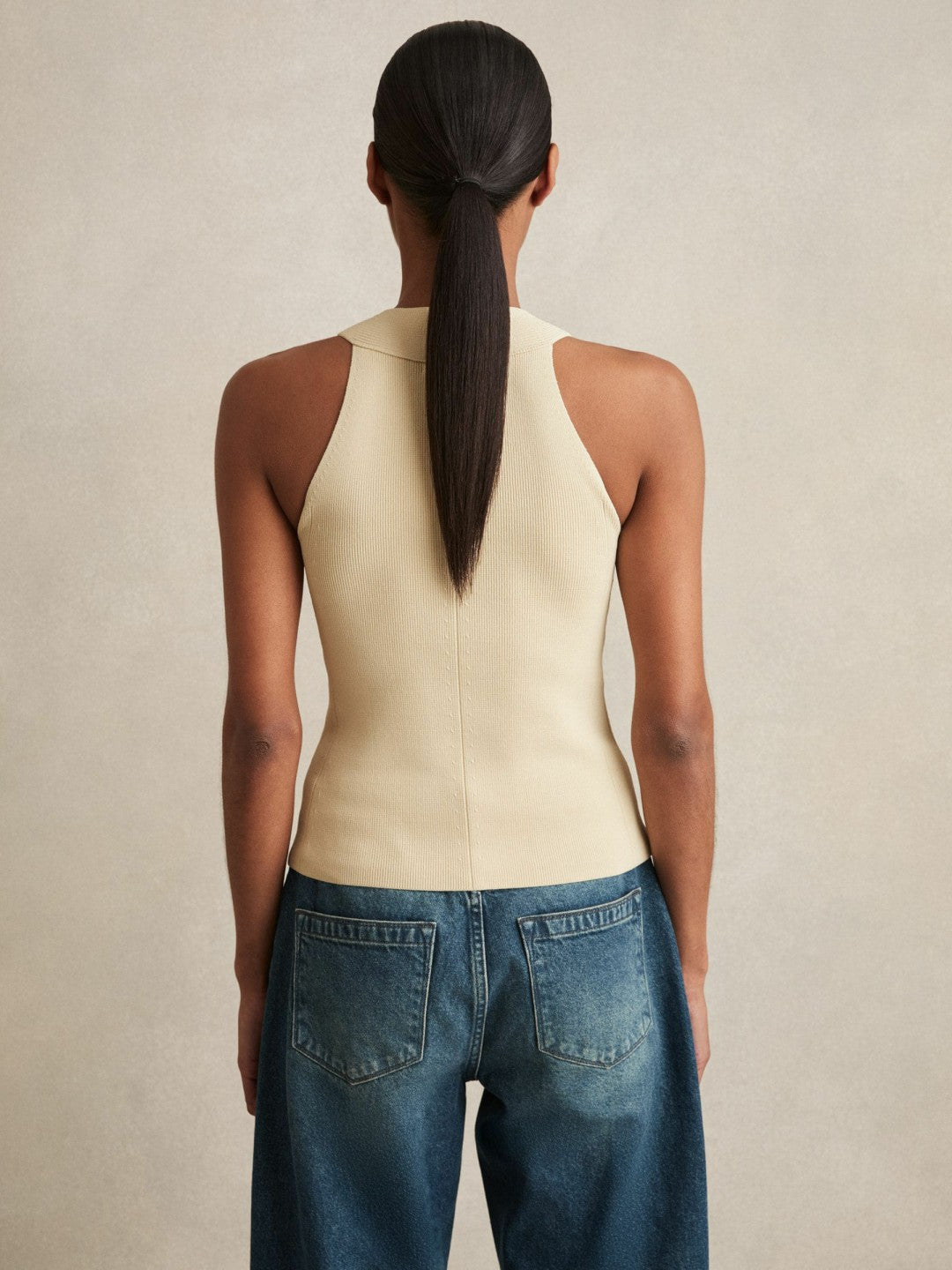 Reiss Rib Knit High Neck Vest in Ivory