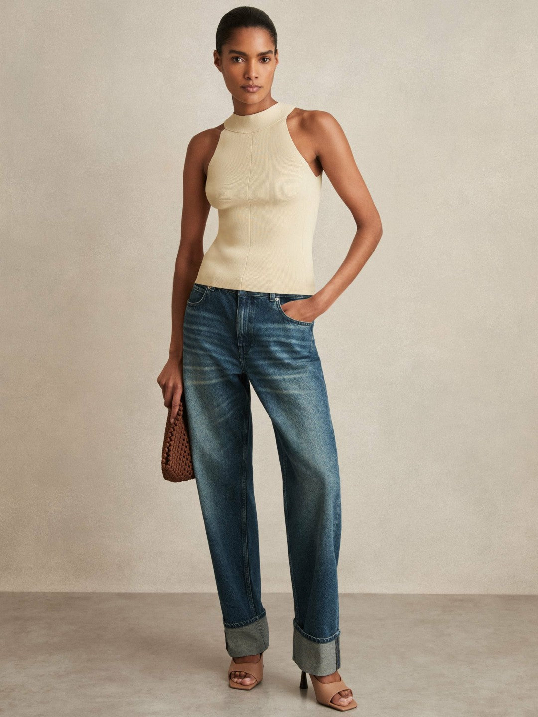 Reiss Rib Knit High Neck Vest in Ivory