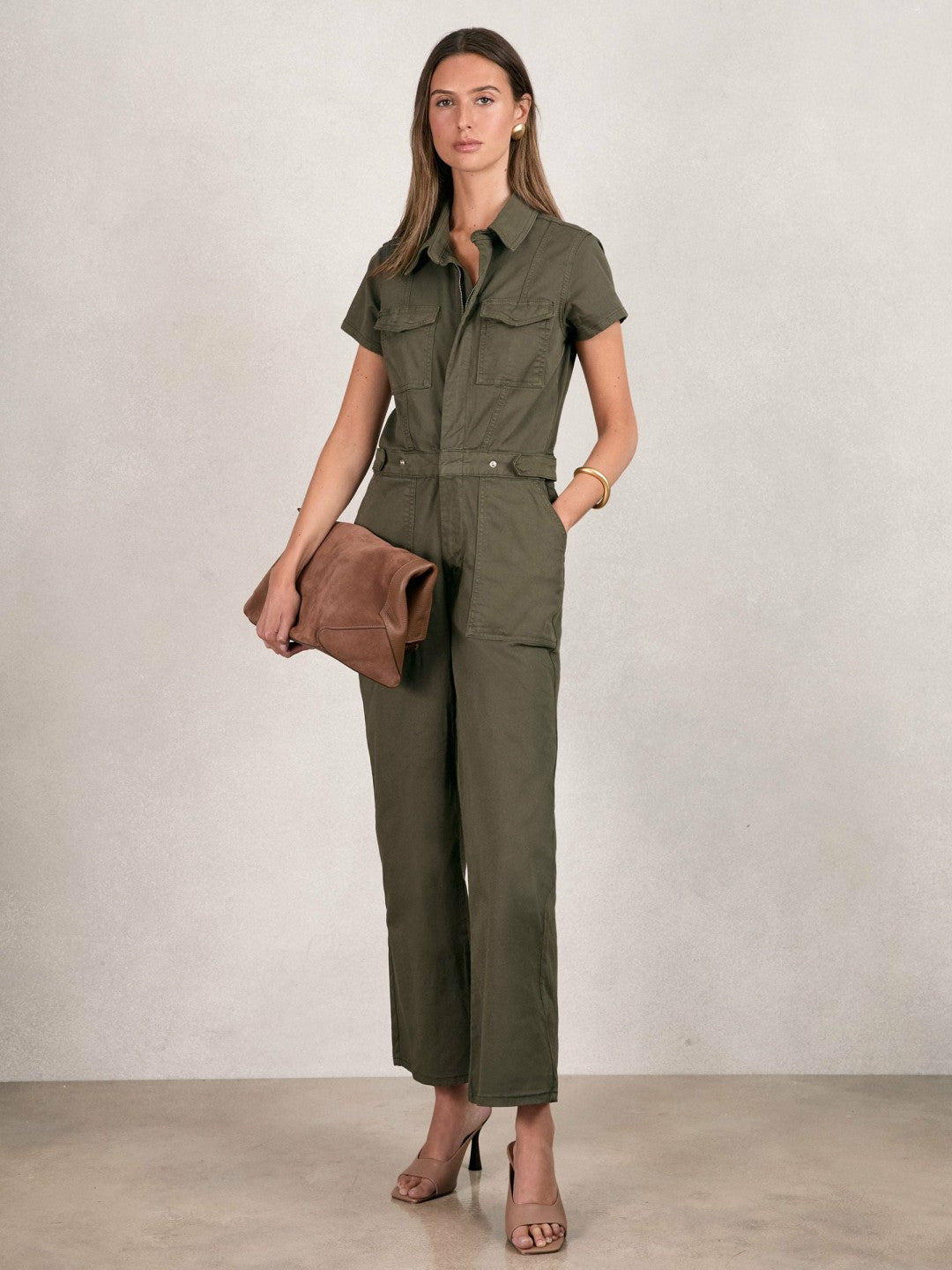 Reiss Good American Cotton Twill Jumpsuit with Stretch in Khaki
