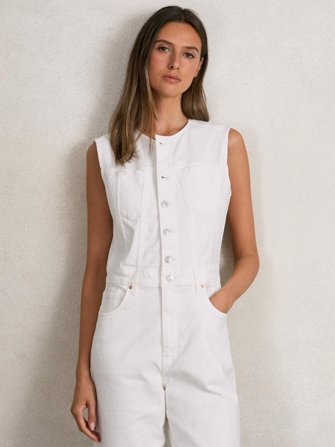 Reiss Paige Denim Straight Leg Jumpsuit in Ecru