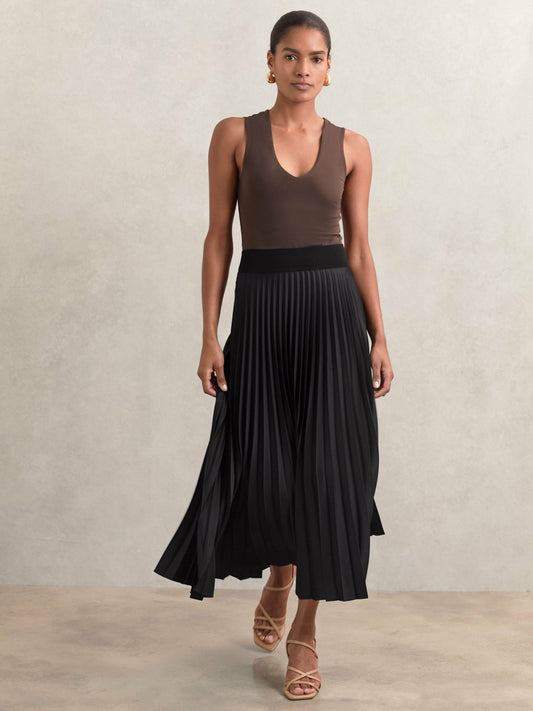 Reiss Pleated Midi Skirt in Black