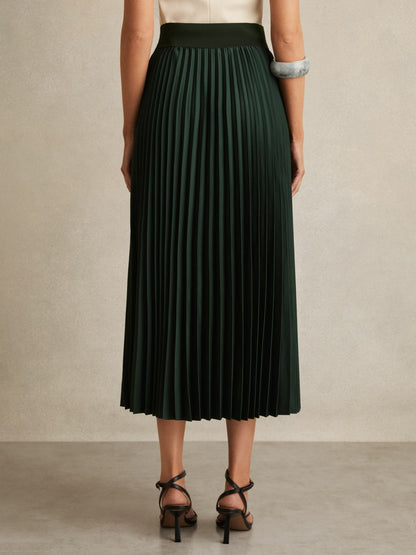 Reiss Pleated Midi Skirt in Dark Green