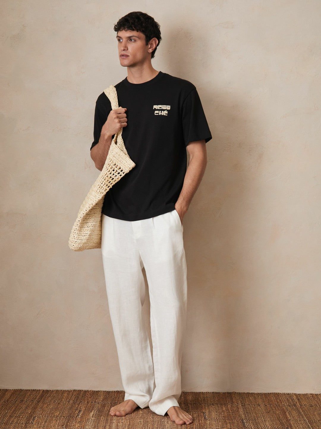 Reiss | Ché Cotton Palm-Print T-Shirt in Black