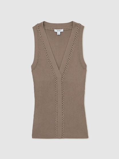Reiss Craft-Stitch Rib-Knit Vest in Mink