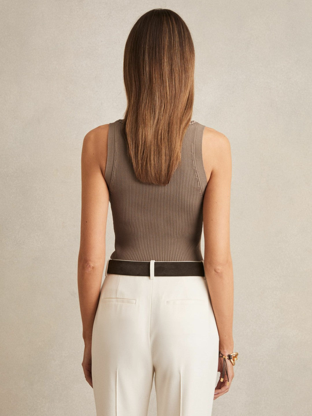 Reiss Craft-Stitch Rib-Knit Vest in Mink