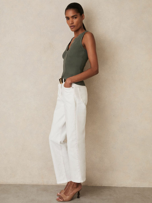 Reiss Craft-Stitch Rib-Knit Vest in Khaki Green