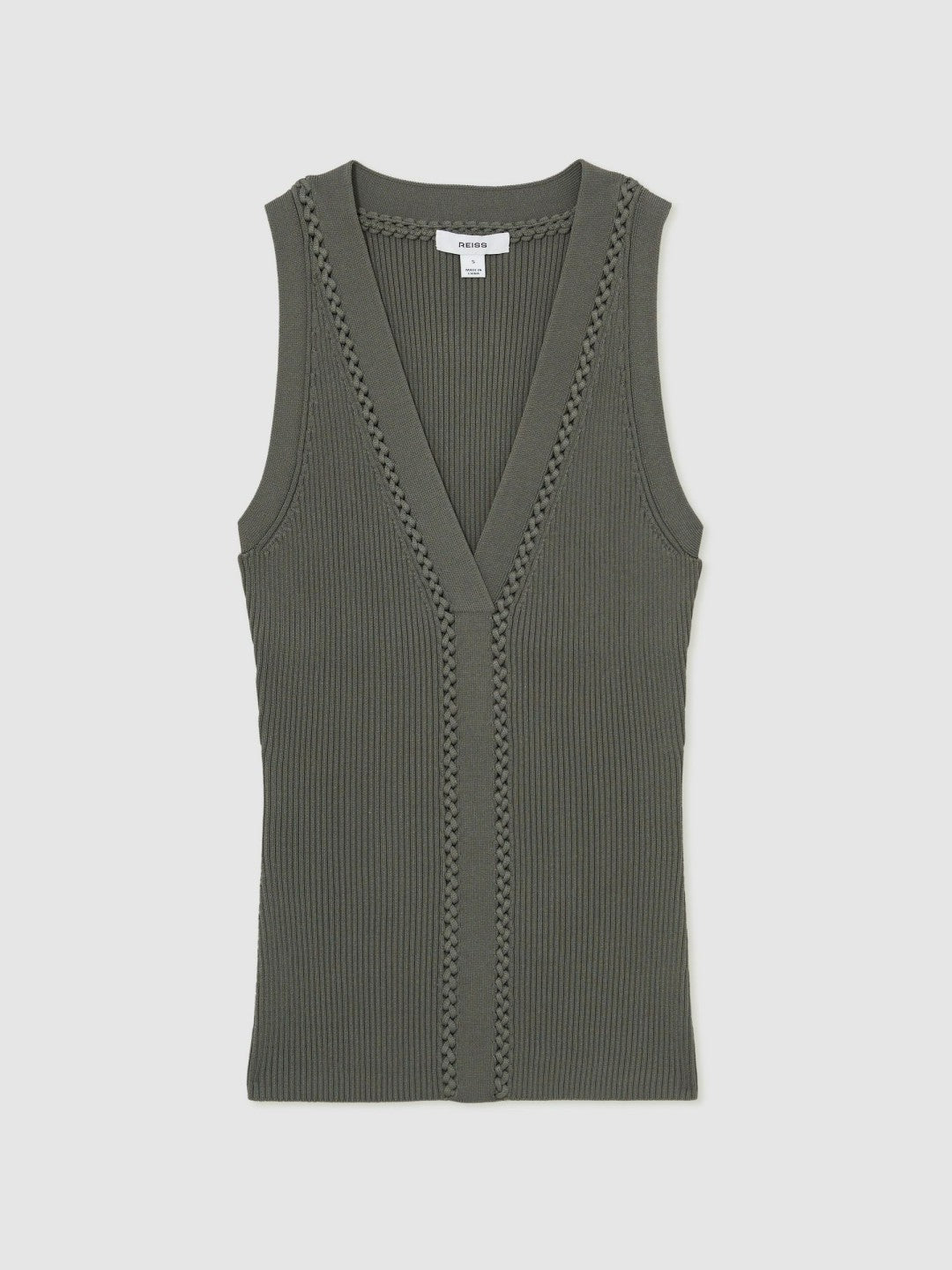 Reiss Craft-Stitch Rib-Knit Vest in Khaki Green