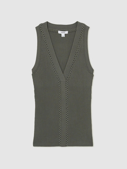 Reiss Craft-Stitch Rib-Knit Vest in Khaki Green